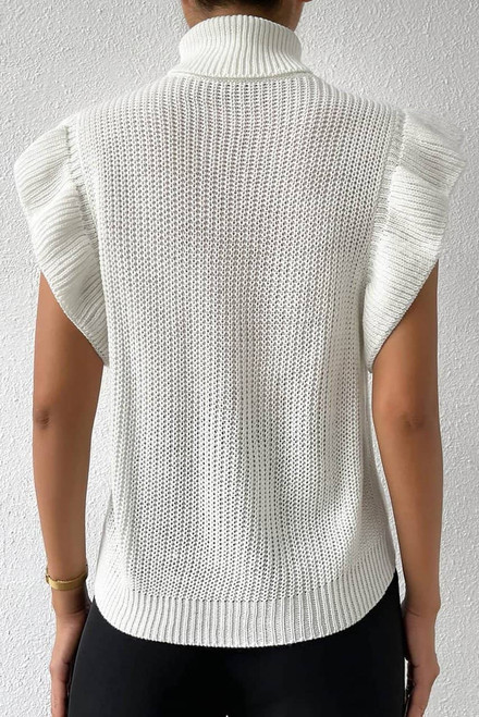 White Turtle Neck Short Sleeve Cable Knit Ruffled Sweater White Turtle Neck Short Sleeve Cable Knit Ruffled Sweater