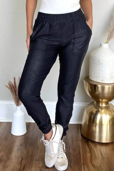 Black Elastic Waist Pocketed Pebble Joggers Black Elastic Waist Pocketed Pebble Joggers