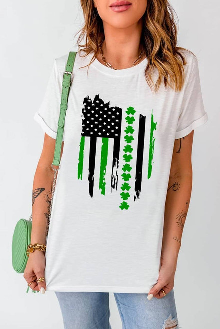 White St. Patricks Clover American Flag Print Crewneck Tee White St. Patricks Clover American Flag Print Crewneck Tee