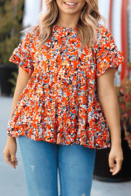 Orange Floral Printed Ruffle Sleeve Curvy Babydoll Blouse Orange Floral Printed Ruffle Sleeve Curvy Babydoll Blouse