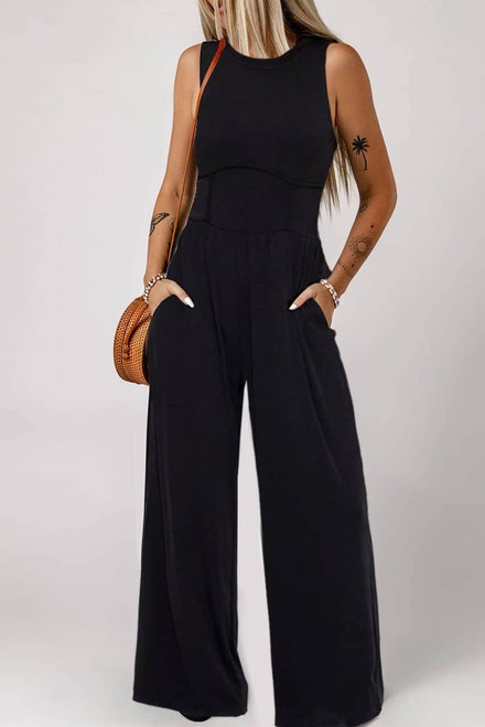Black Cinched Waist Sleeveless Wide Leg Jumpsuit Black Cinched Waist Sleeveless Wide Leg Jumpsuit