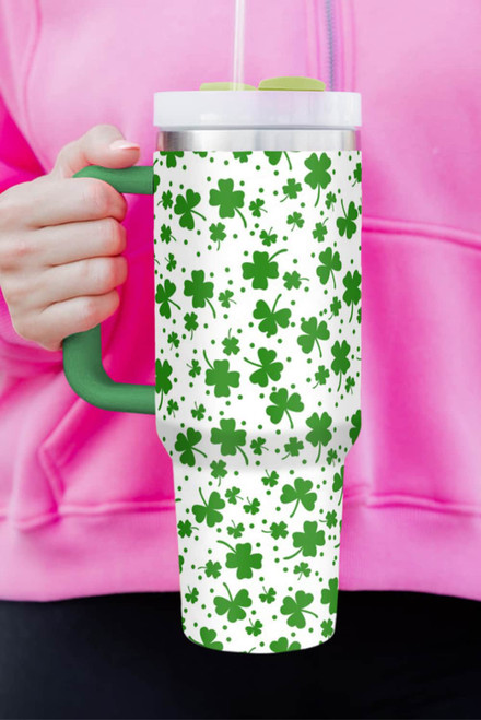 Dark Green Clover Print Thermos Cup with Handle 1200ml