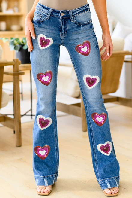 Sky Blue Sequin Heart Shape Patched Distressed Flare Jeans Sky Blue Sequin Heart Shape Patched Distressed Flare Jeans