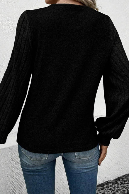 Black Buttoned V Neck Ribbed Puff Sleeve Top Black Buttoned V Neck Ribbed Puff Sleeve Top