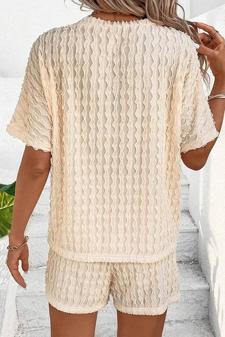 Beige Frill Textured Short Sleeve Top and Drawstring Shorts Set Beige Frill Textured Short Sleeve Top and Drawstring Shorts Set