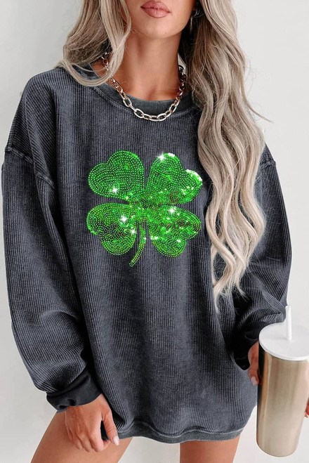 Gray Sequin St Patrick Clover Patch Corded Sweatshirt Gray Sequin St Patrick Clover Patch Corded Sweatshirt