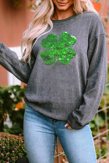 Gray Sequin St Patrick Clover Patch Corded Sweatshirt Gray Sequin St Patrick Clover Patch Corded Sweatshirt