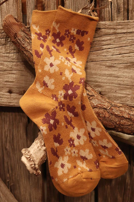 Mustard Vintage Floral Pattern High Ankle Socks