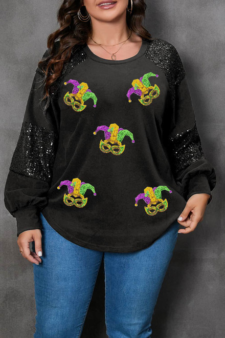 Black Mardi Gras Mask Plus Size Sequin Sleeve Top Black Mardi Gras Mask Plus Size Sequin Sleeve Top