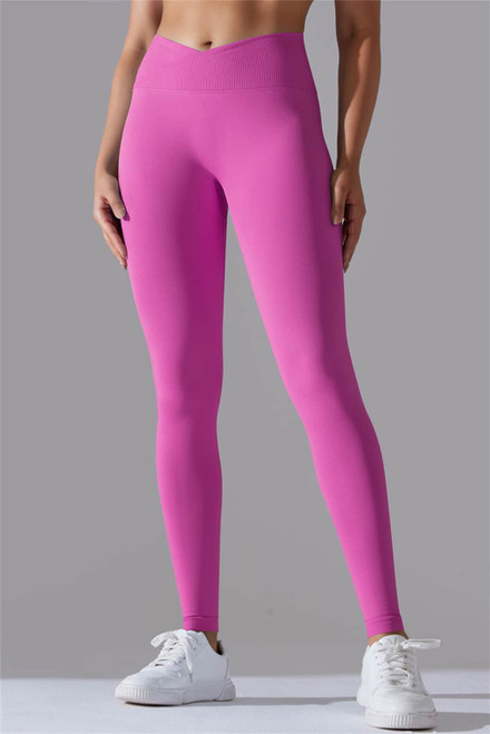 Bright Pink Solid Color Seamless V-Waistband Sports Leggings