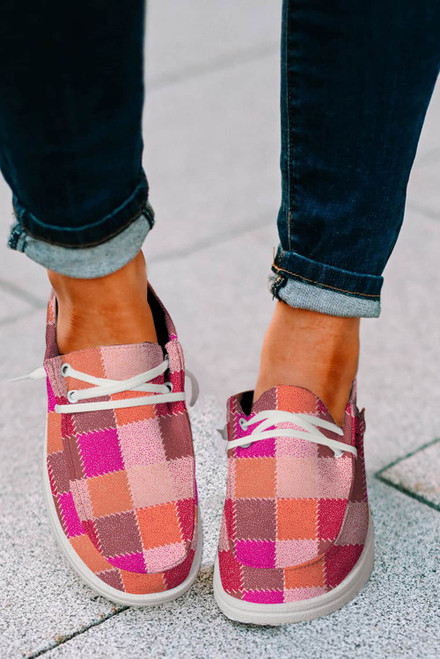 Red Plaid Print Criss Cross Slip On Canvas Shoes