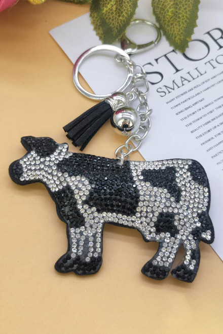 White Rhinestone Cow Pendant Tassel Key Ring