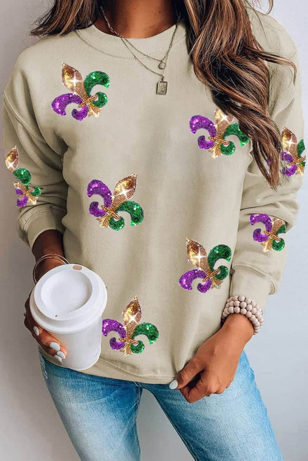Khaki Sequin Mardi Gras Graphic Pullover Sweatshirt Khaki Sequin Mardi Gras Graphic Pullover Sweatshirt