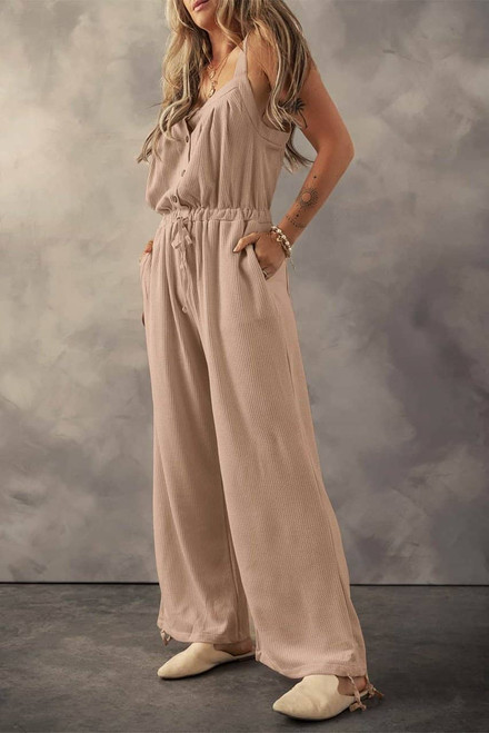 Pale Khaki Knotted Straps Button Textured Drawstring Jumpsuit Pale Khaki Knotted Straps Button Textured Drawstring Jumpsuit