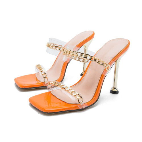 Super High-heeled Roman Sandals With Metal Plating And Square Toe Gold Chain