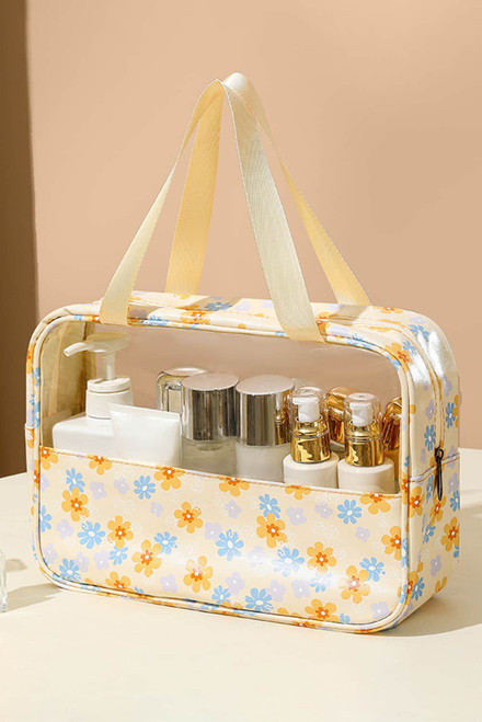 Half Floral Print Handle Strap Waterproof Makeup Bag