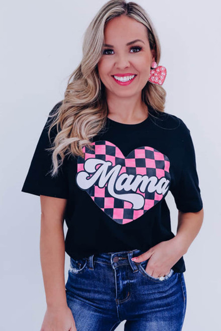 Black Mama Checkered Heart Shape Print Crewneck T Shirt