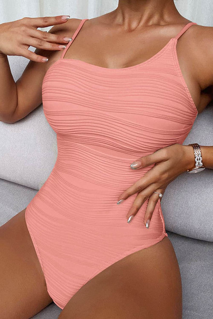 Apricot Pink Wavy Textured Asymmetrical Neck Spaghetti Strap Monokini