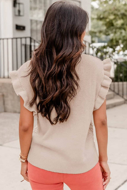Oatmeal Plus Cable Knit Short Ruffled Sleeve Mock Neck Sweater Oatmeal Plus Cable Knit Short Ruffled Sleeve Mock Neck Sweater