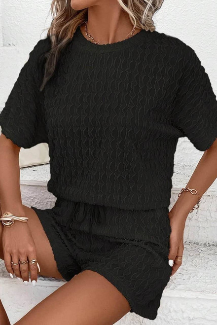 Black Frill Textured Short Sleeve Top and Drawstring Shorts Set Black Frill Textured Short Sleeve Top and Drawstring Shorts Set