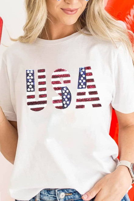 White USA Flag Sequin Patched Round Neck T Shirt White USA Flag Sequin Patched Round Neck T Shirt