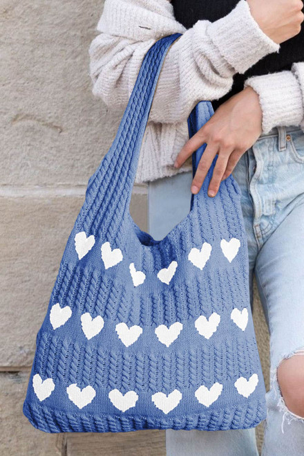 Blue Heart Pattern Knit Large Shoulder Bag