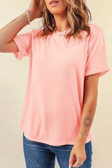Pink Casual Plain Crew Neck Tee Pink Casual Plain Crew Neck Tee