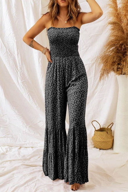 Black Khaki Thin Straps Smocked Bodice Wide Leg Floral Jumpsuit Black Khaki Thin Straps Smocked Bodice Wide Leg Floral Jumpsuit