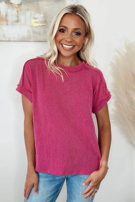 Rose Red Textured Knit Exposed Stitching T-shirt Rose Red Textured Knit Exposed Stitching T-shirt