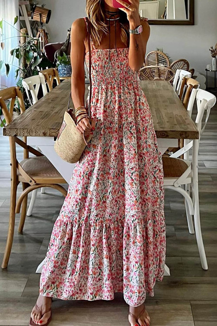 White Boho Floral Smocked Ruffled Maxi Dress