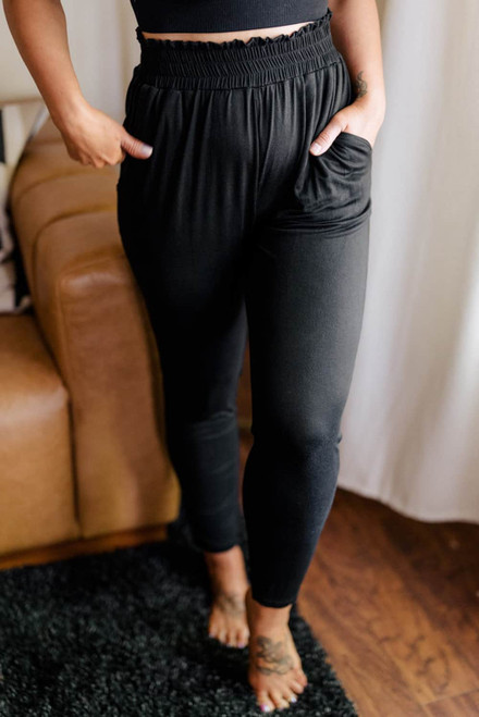 Black Plus Size Frill High Waist Pocketed Soft Pants