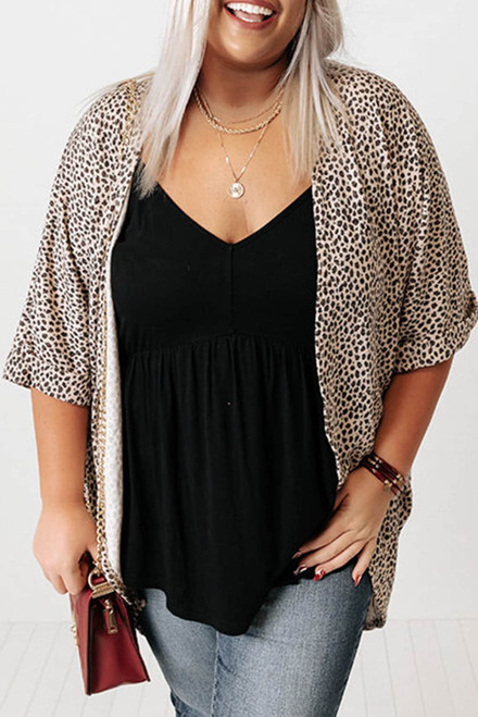 Khaki Plus Size Leopard Print Half Sleeve Open Front Cardigan