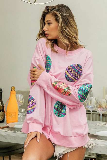 Pink Sequined Easter Egg Drop Shoulder Oversized Sweatshirt Pink Sequined Easter Egg Drop Shoulder Oversized Sweatshirt