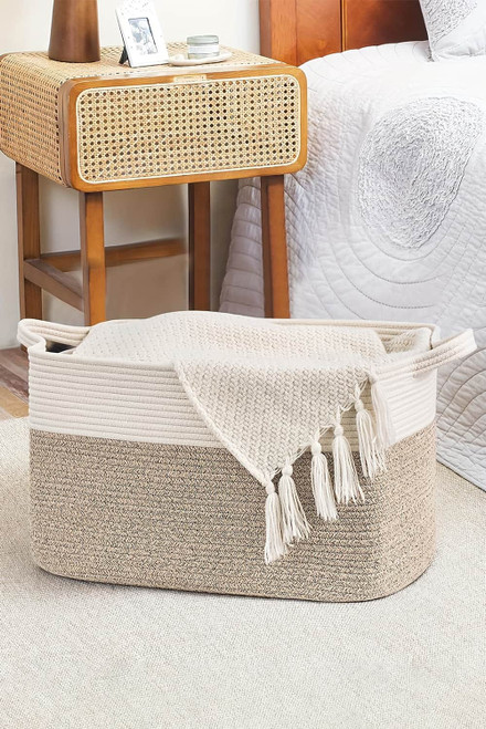 Beige Colorblock Handled Large Capacity Cotton Basket