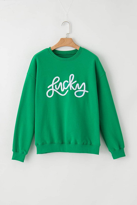 Green LUCKY Aphabet Chenille Embroidered Pullover Sweatshirt Green LUCKY Aphabet Chenille Embroidered Pullover Sweatshirt