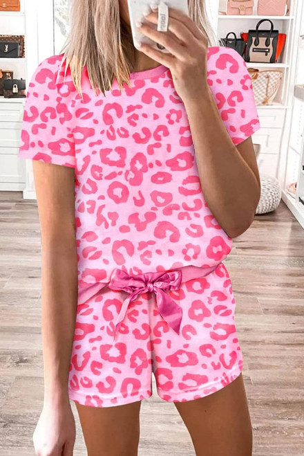 Pink Leopard Print Tee and Satin Tie Shorts Lounge Set Pink Leopard Print Tee and Satin Tie Shorts Lounge Set