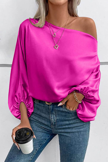 Bright Pink Asymmetrical Neck Balloon Sleeve Satin Blouse