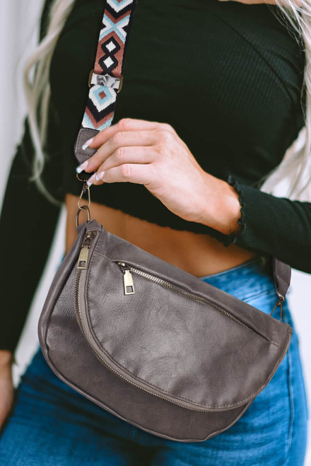 Dark Grey Flap Snap Faux Leather Crossbody Bag