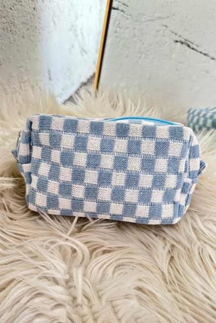 Sky Blue Checkered Knitted Zipper Makeup Bag