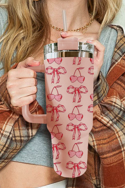 Apricot Pink Cherry Bowknot Stylish Large Tumbler with Handle 40oz Apricot Pink Cherry Bowknot Stylish Large Tumbler with Handle 40oz