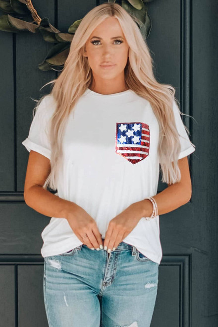 White American Flag Sequin Pocket Patched T Shirt White American Flag Sequin Pocket Patched T Shirt