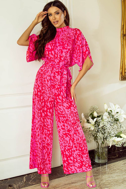 Rose Leopard Loose Sleeve Belted Wide Leg Jumpsuit Rose Leopard Loose Sleeve Belted Wide Leg Jumpsuit