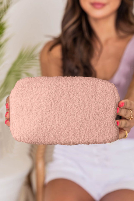 Pink Teddy Fleece Zipped Large Makeup Bag