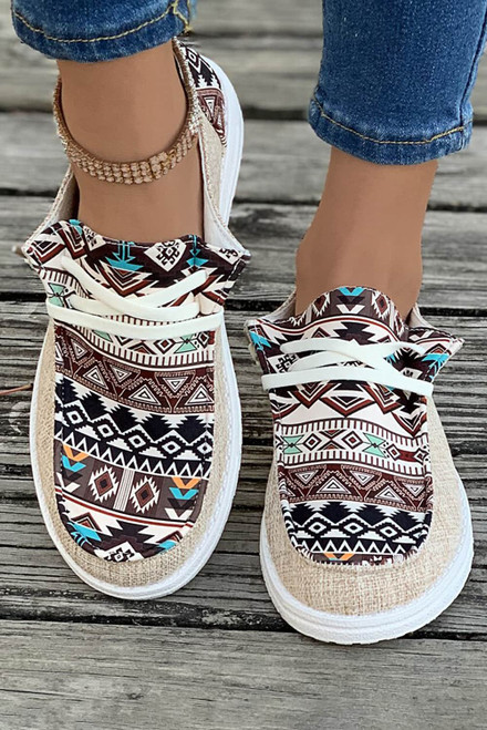 Brown Vintage Aztec Patchwork Lace-up Decor Flat Shoes