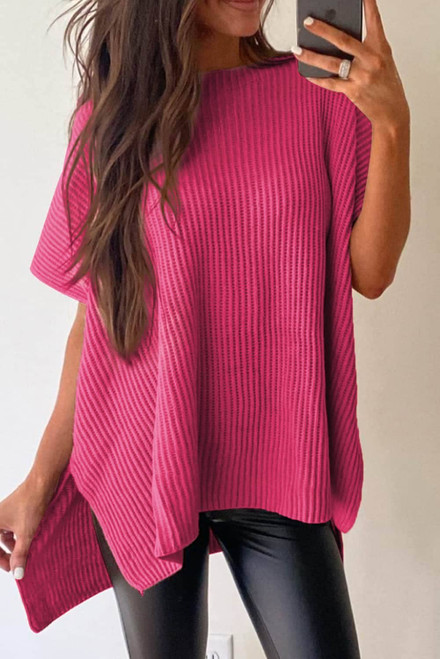 Rose Red Short Sleeve Side Slit Oversized Sweater Rose Red Short Sleeve Side Slit Oversized Sweater