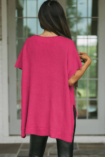 Rose Red Short Sleeve Side Slit Oversized Sweater Rose Red Short Sleeve Side Slit Oversized Sweater