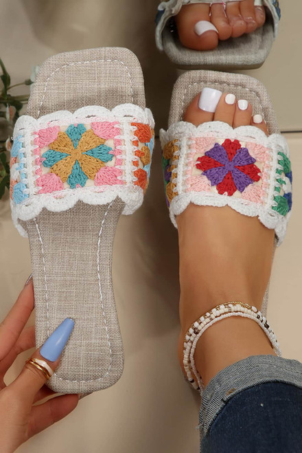 White Crochet Square Toe Flat Slippers