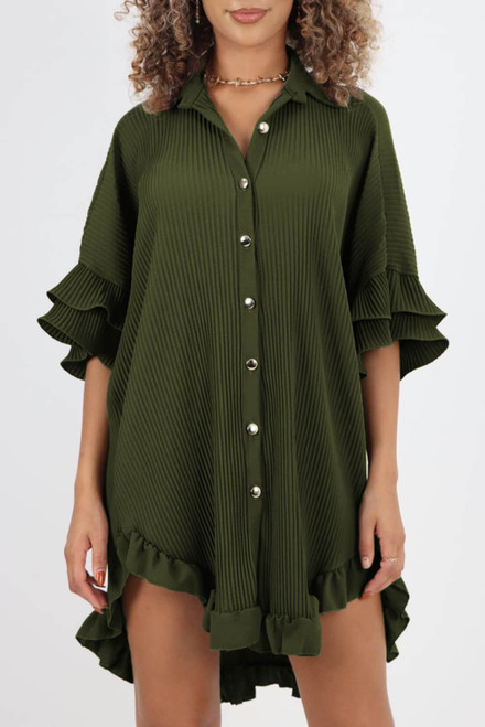 Moss Green High-low Hem Ruffle Sleeve Pleated Shirt Dress