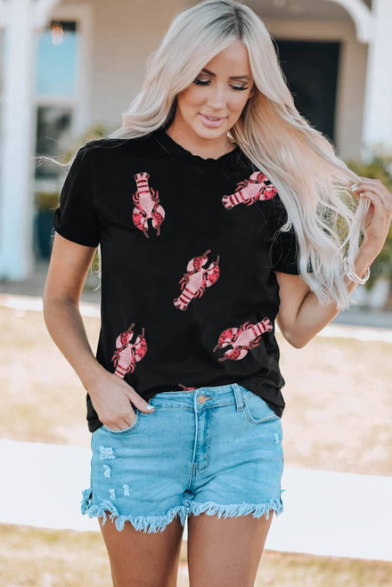 Black Sequined Crayfish Round Neck Graphic Tee Black Sequined Crayfish Round Neck Graphic Tee
