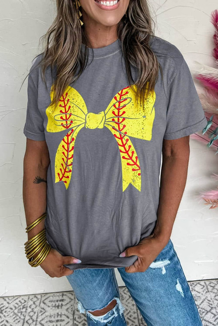 Gray Baseball Bowknot Graphic Casual Tee Gray Baseball Bowknot Graphic Casual Tee